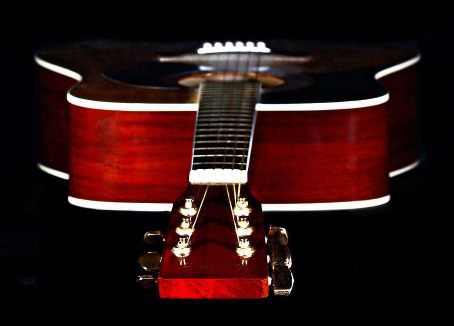 Close Up Photography of Red Wooden Guitar Head Stock, art, bass guitar, HD wallpaper