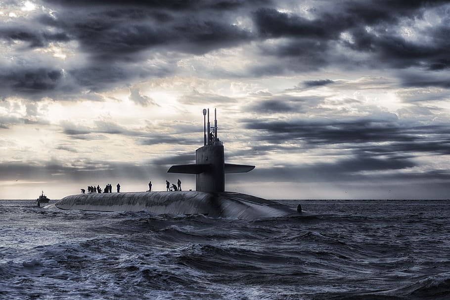 Grey Submarine in Body of Water Under Cloudy Sky, army, clouds HD wallpaper