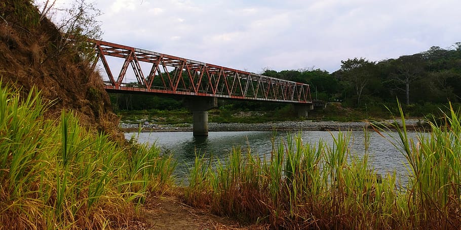 bridge, costa rica, grass, river, water, rusty, bank, connection, HD wallpaper