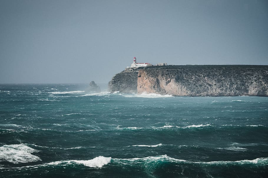 portugal, sagres, rocks, coast, wind, lighthouse, sea, wave, HD wallpaper