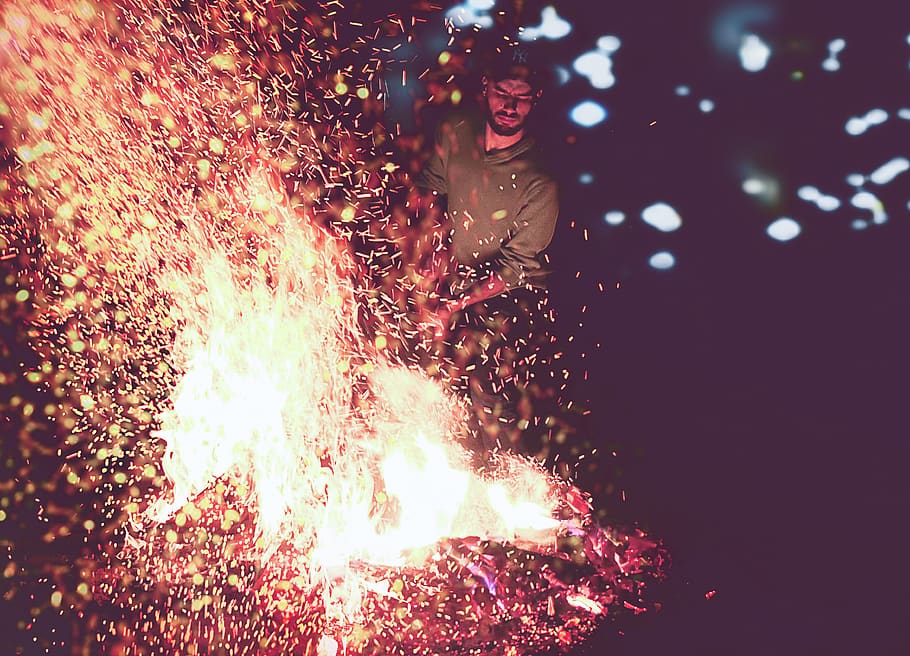 fire, lights, spark, flame, bonfire, firedance, people, man HD wallpaper