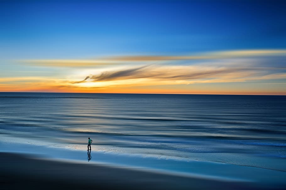 beach, calm, dawn, dusk, landscape, nature, outdoors, person HD wallpaper
