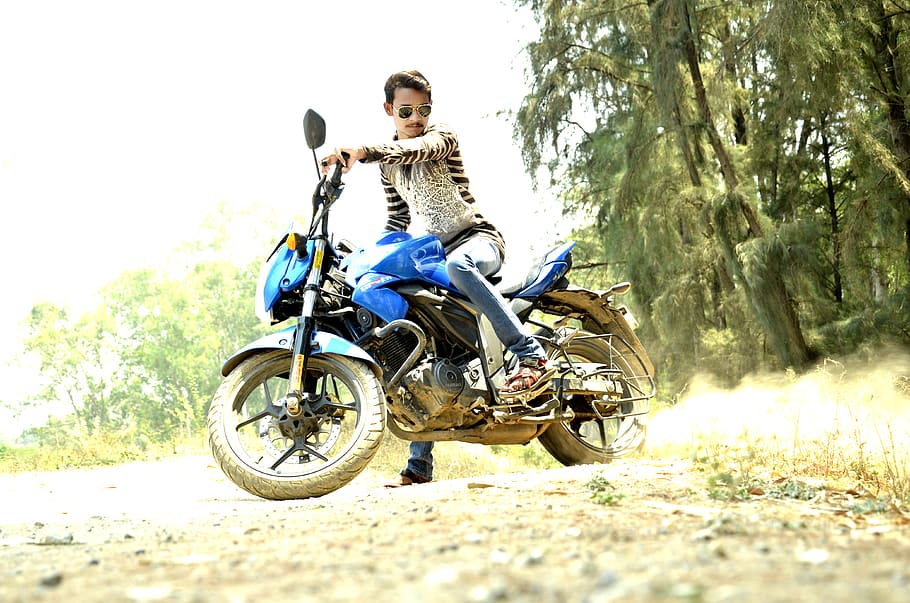 Man Riding Blue Sports Bike, clouds, daytime, dirt road, grass HD wallpaper