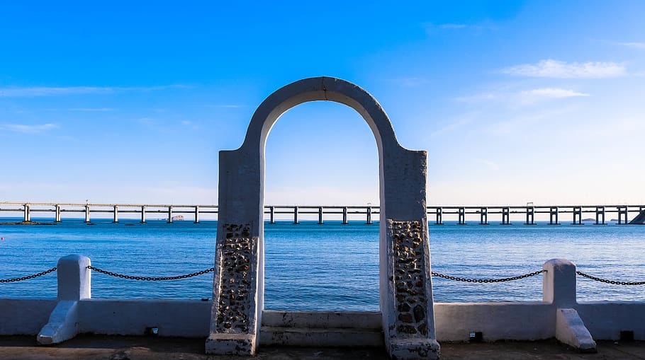 china, dalian, seaside, bridge, gate, peaceful, sky, water HD wallpaper