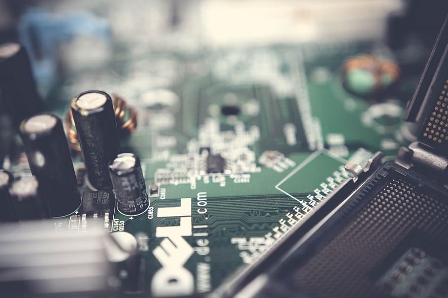 Closed Up Photo of Green Dell Circuit Board, blurred background