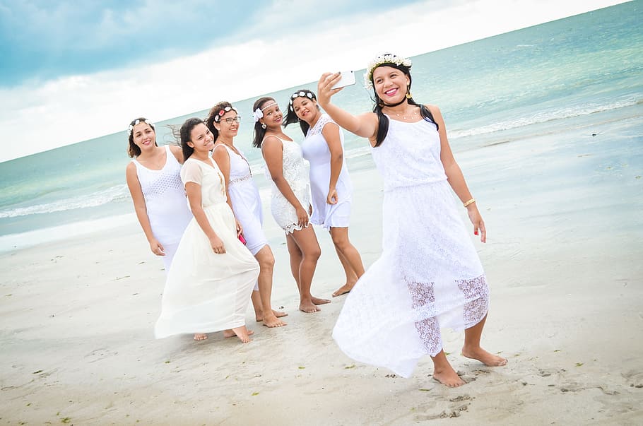 Six Women Taking Photo on Seashore, beach, blue, daytime, enjoyment HD wallpaper