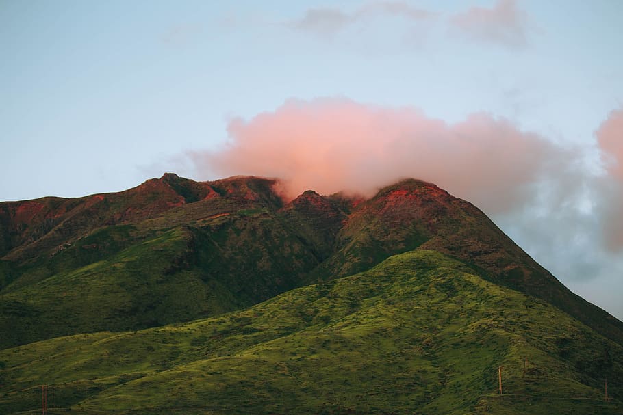 green, grass, highland, mountain, peak, summit, cloud, sky HD wallpaper