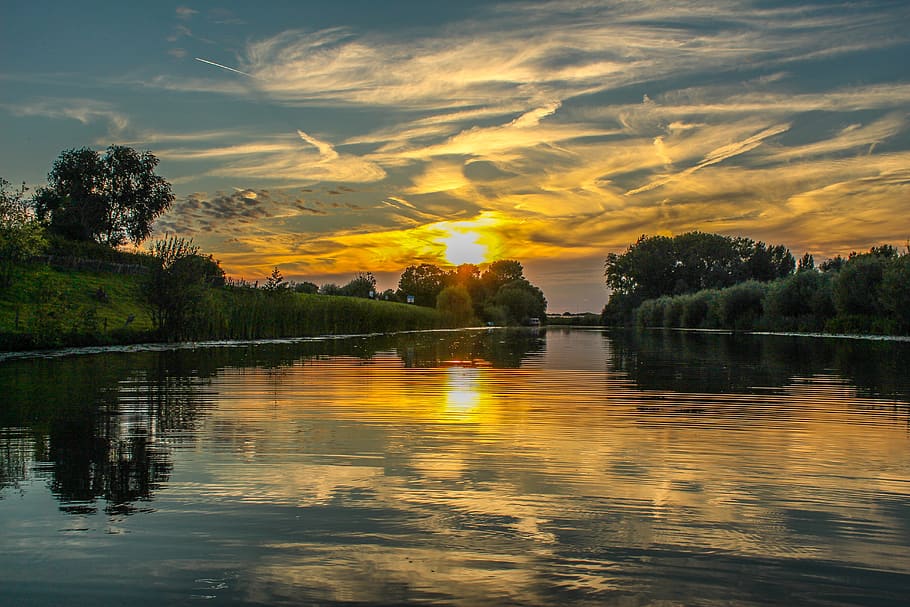 nature, river, landscape, sunset, water, reflection, sky, beauty in nature HD wallpaper