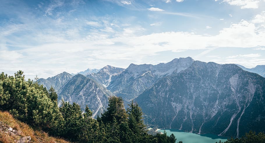 Wide Angle Photo of Mountains Under Cloudy Sky, adventure, blue sky HD wallpaper