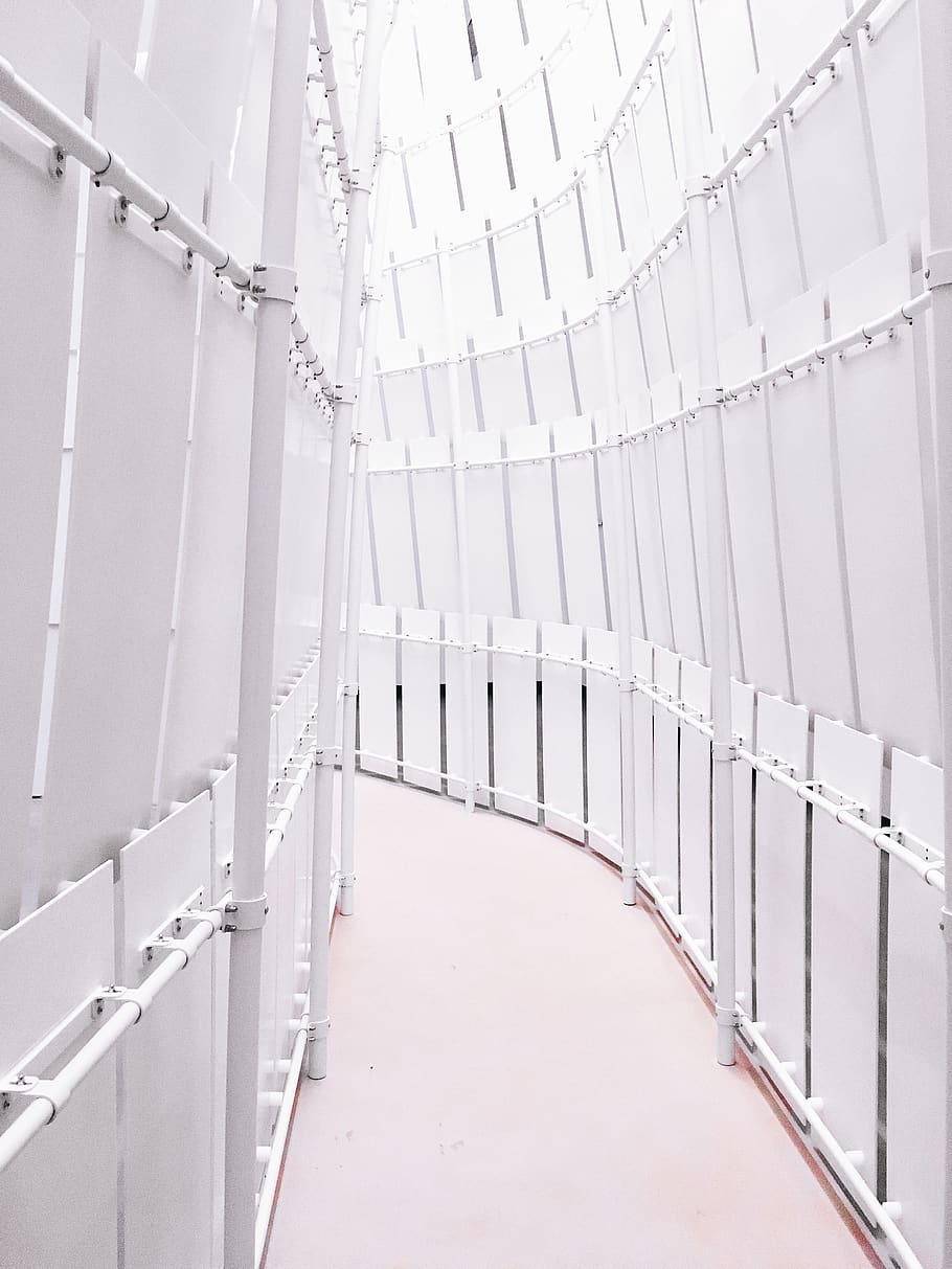 narrow pathway between enclosed area, handrail, banister, corridor HD wallpaper