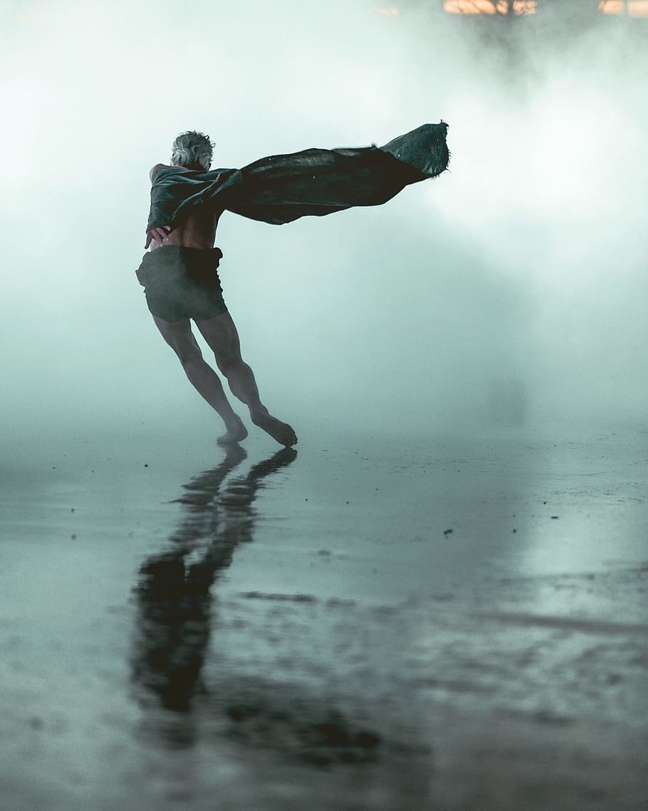 people, man, run, rain, fog, water, dancing, full length, one person HD wallpaper