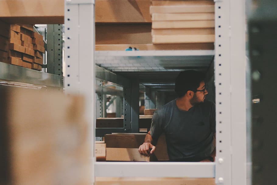 Man Under a Bunch of Large Shelves, factory, planks, storage HD wallpaper
