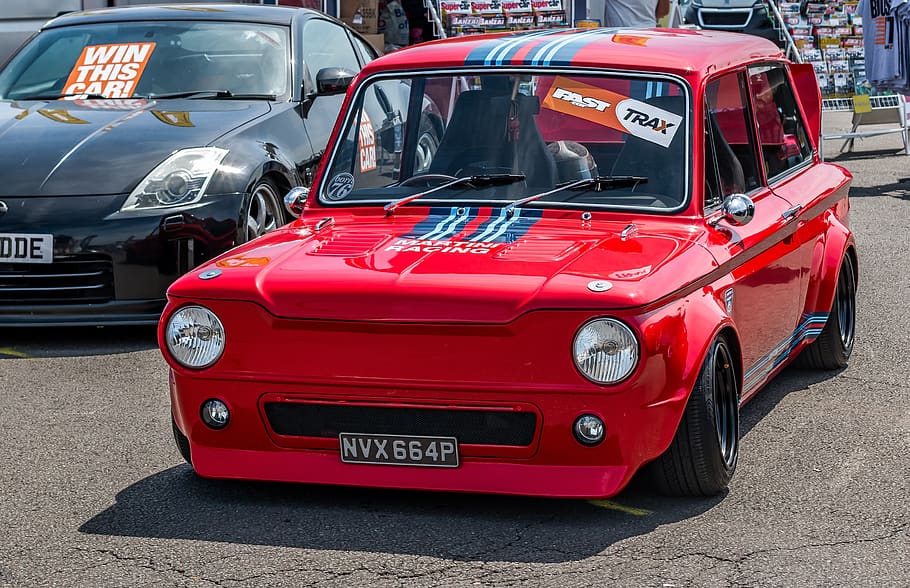 hillman imp, car, red, classic, antique, old, competition, motor HD wallpaper