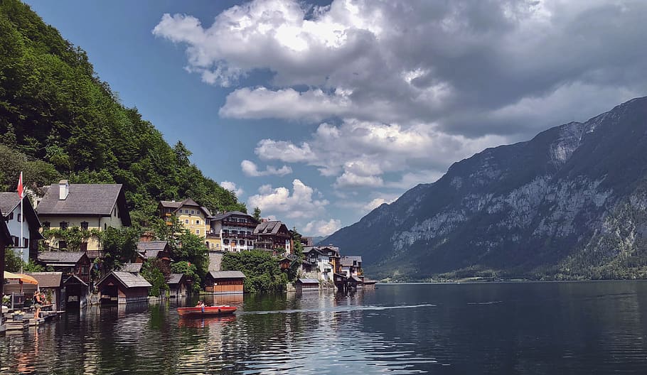 lake, mountain, trees, architecture, building exterior, water HD wallpaper