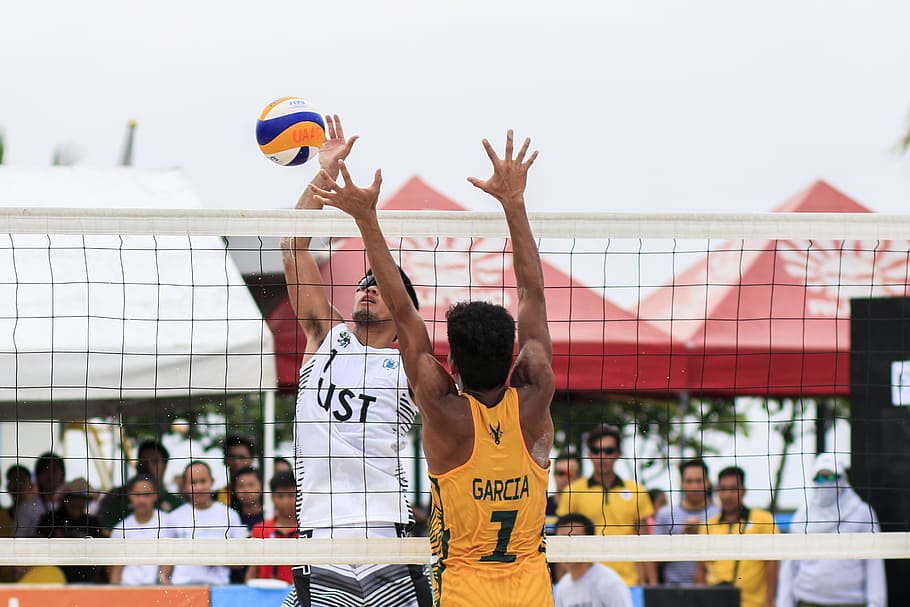 Two Men Playing Volleyball Near Red Canopy, action, adult, athletes