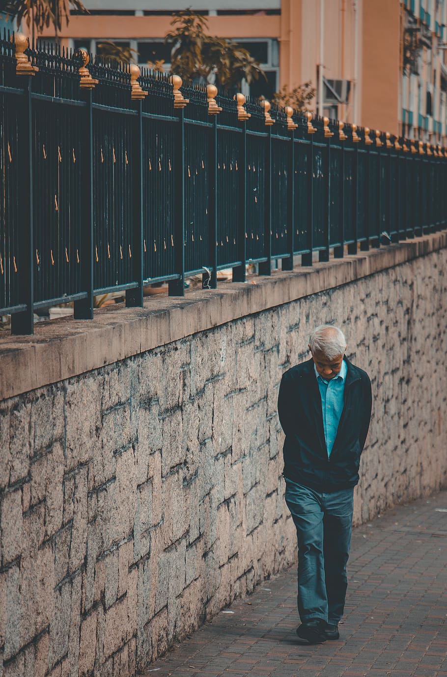man walking on pathway, banister, handrail, person, human, clothing HD wallpaper