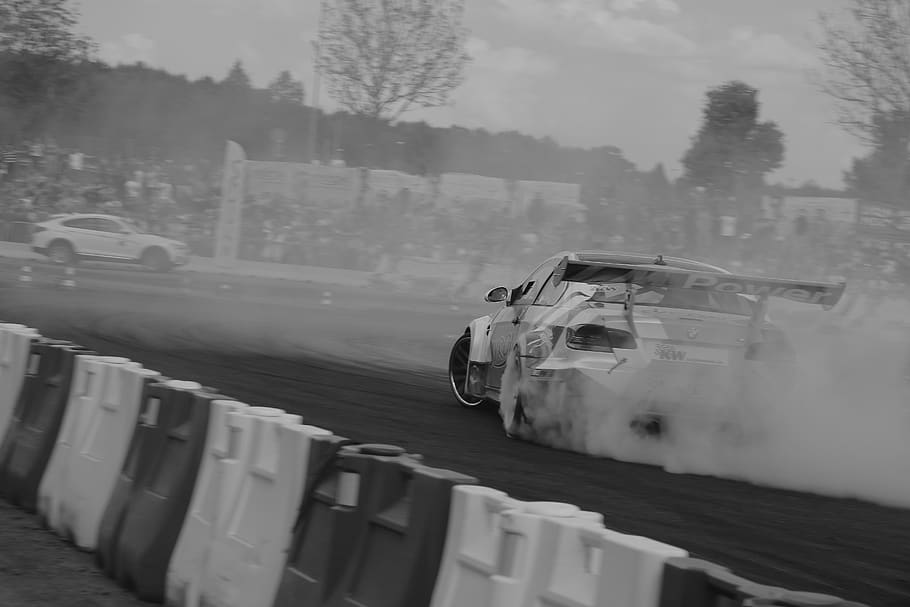 grayscale photo of vehicle drifting, car, automobile, transportation, HD wallpaper