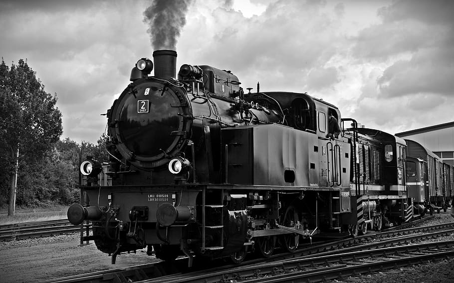 Train on Railroad Tracks Against Sky, black and-white, carriage, HD wallpaper
