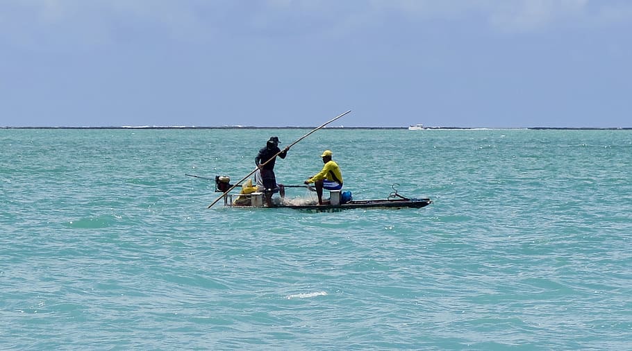 fisherman, beach, alagoas, mar, fishery, raft, blue, browsing, HD wallpaper