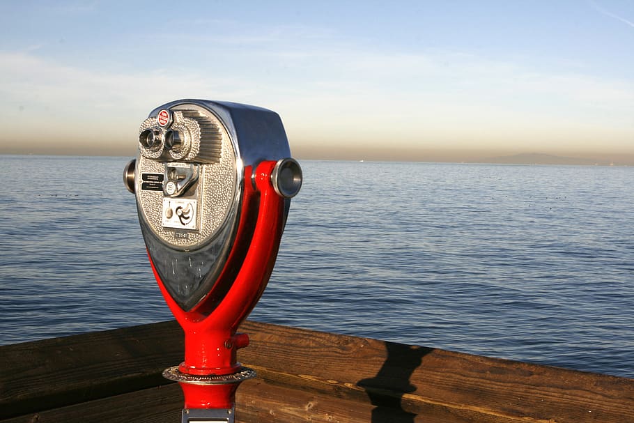 sea, pier, telescope, water, coin operated, binoculars, sky HD wallpaper