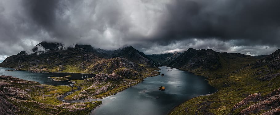 lake, landscape, mountains, clouds, nature, alpine, evening HD wallpaper