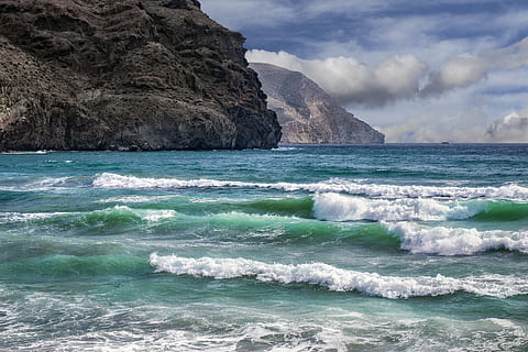 beach, waves, costa, rocks, sky, cabo de gata, almeria, sea HD wallpaper