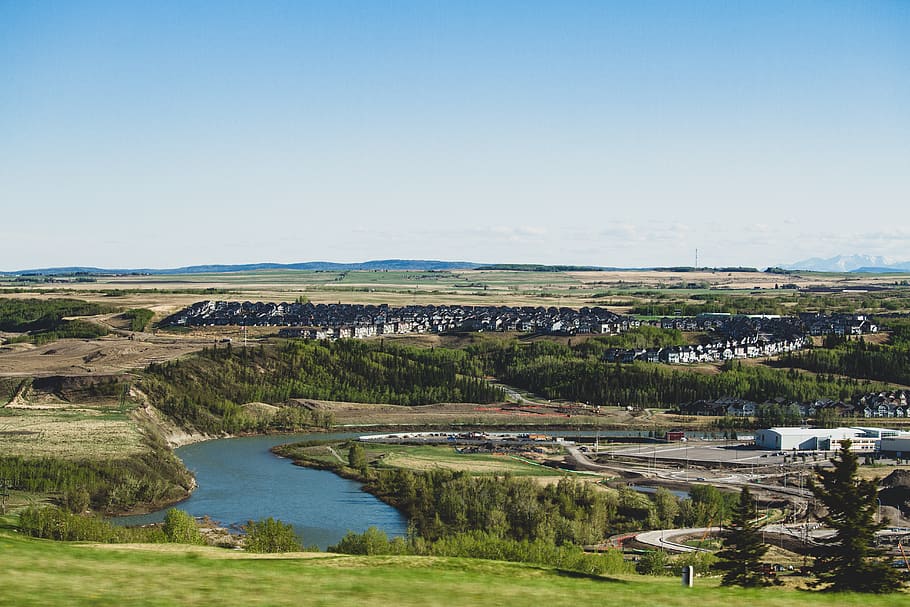 canada, alberta, background, landscape, houses, field, bow river, HD wallpaper