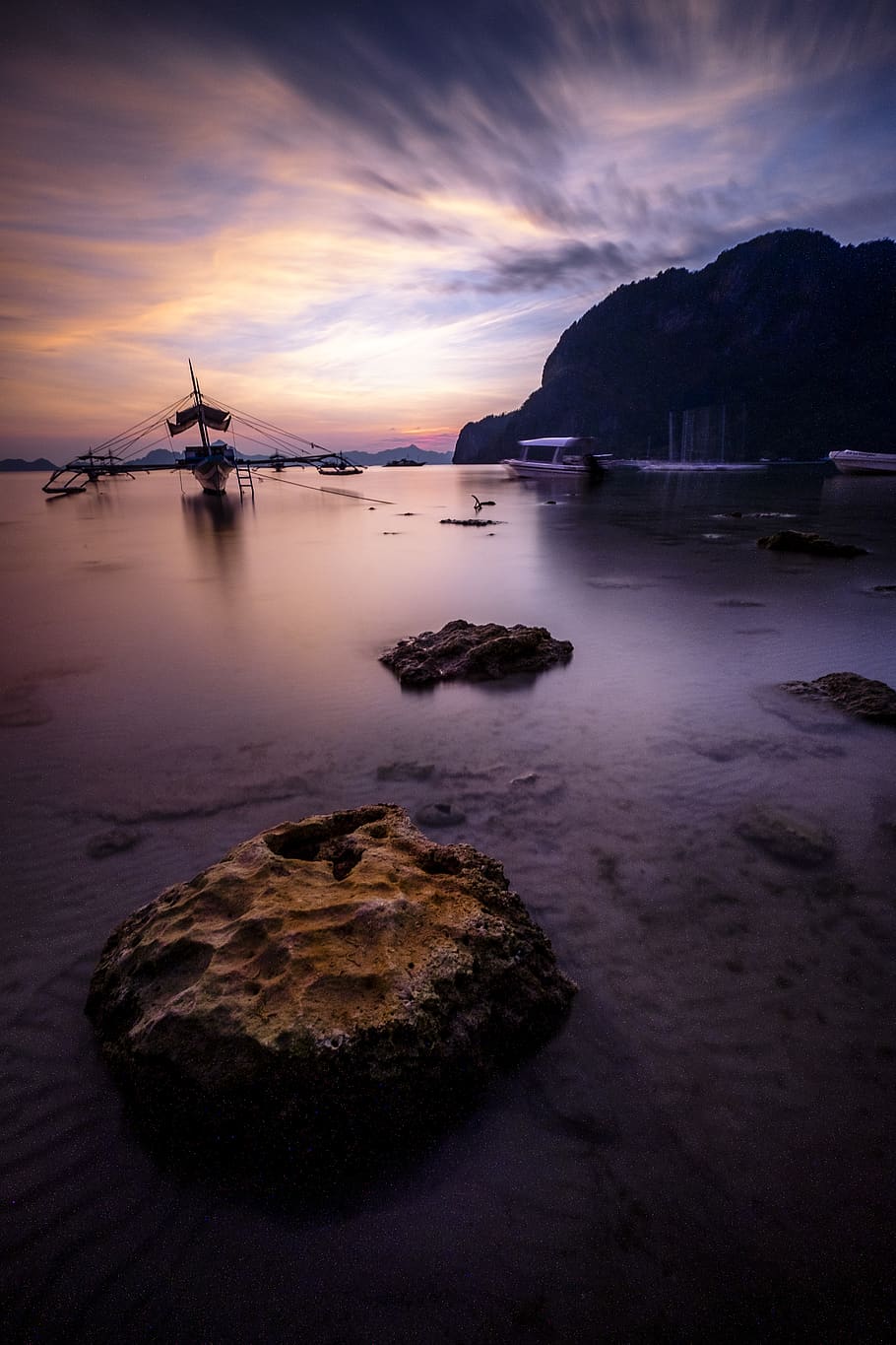 dark, sky, sunset, rocks, water, sea, shore, beach, coast, mountain HD wallpaper