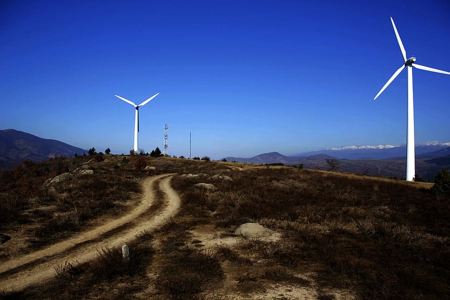 mountain, rock, rocky, green, landscape, energy, wind, windmill HD wallpaper