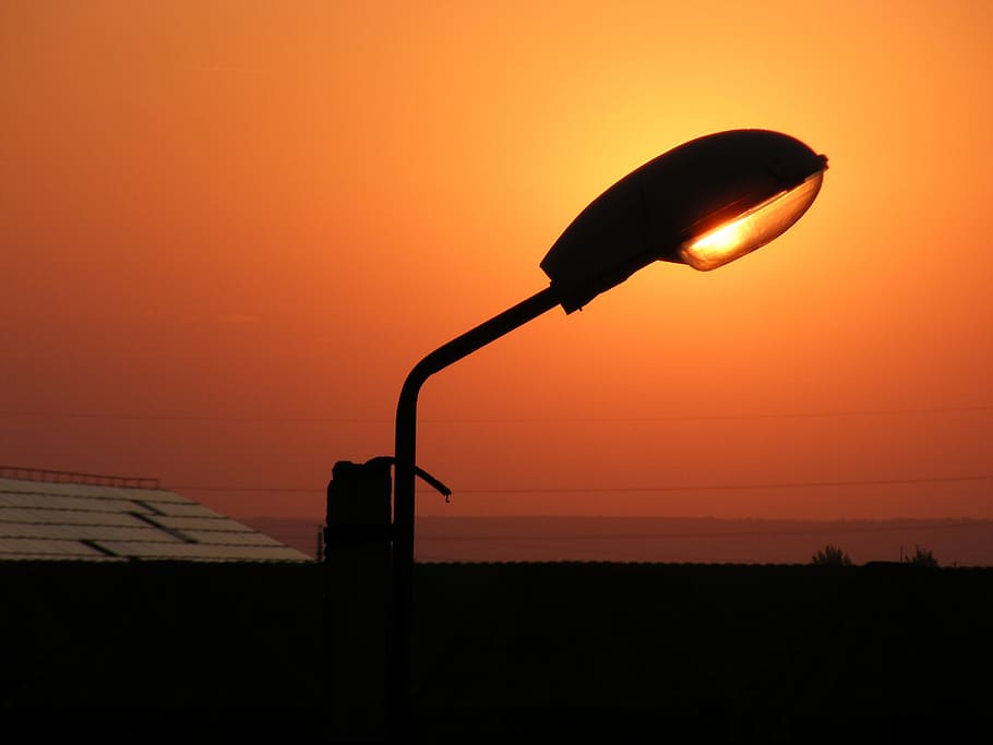pole, pipe, light, electric, yellow, sunset, sky, silhouette HD wallpaper