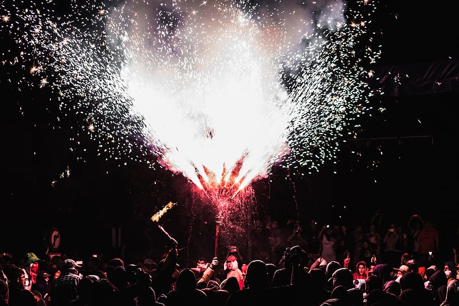 spain, puigcerdà, danger, red, fire, light, spark, firework HD wallpaper