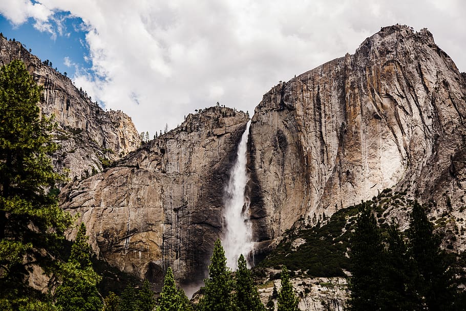 waterfalls under cloudy sky, rock, cloud - sky, scenics - nature HD wallpaper