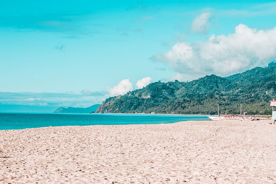 philippines, summer, sand, water, beach, trees, mountain, sea HD wallpaper