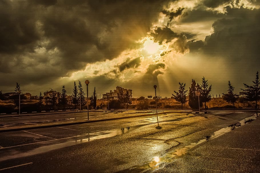 parking lot, sunset, sky, clouds, dramatic, storm, rainy day, HD wallpaper