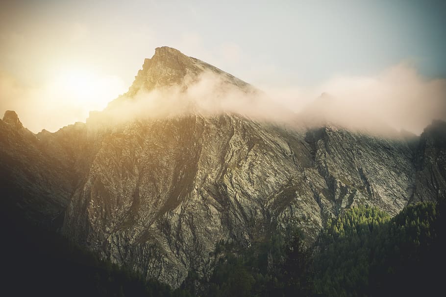 Mountain Peak Reaching The Clouds, dawn, daylight, evening, fog HD wallpaper
