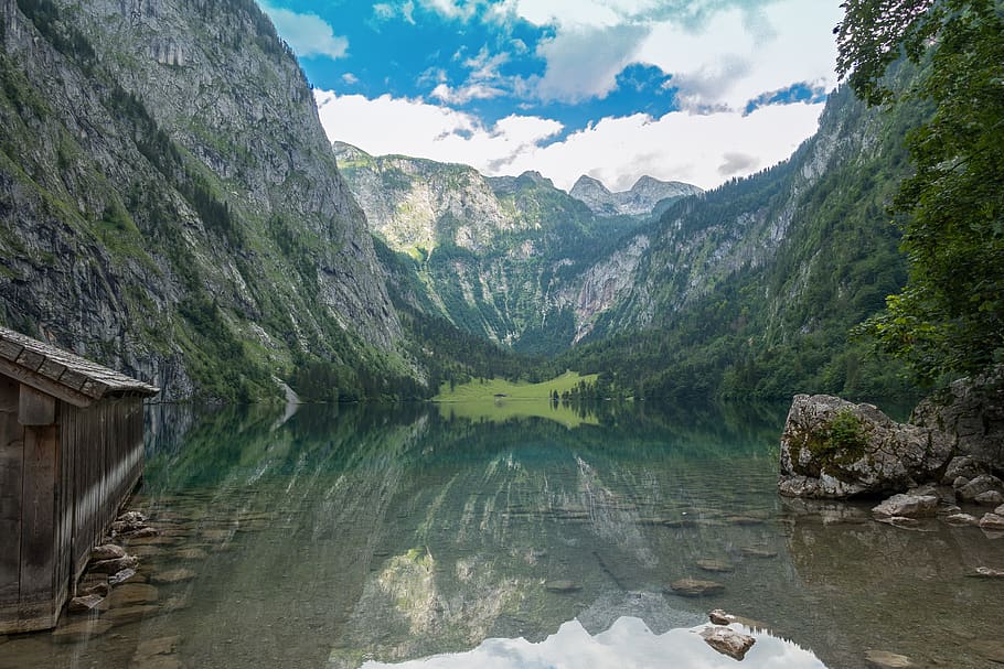 obersee, bayern, landscape, lake, mountains, water, clouds, HD wallpaper