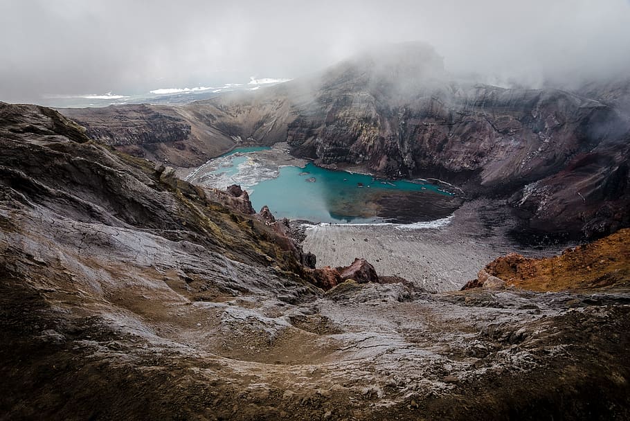 aerial photography of lake covered with fogs, mountain, volcano HD wallpaper
