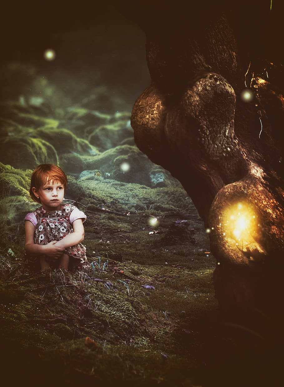 fantasy, girl, forest, tree, moss, glowworm, mushrooms, lighting HD wallpaper