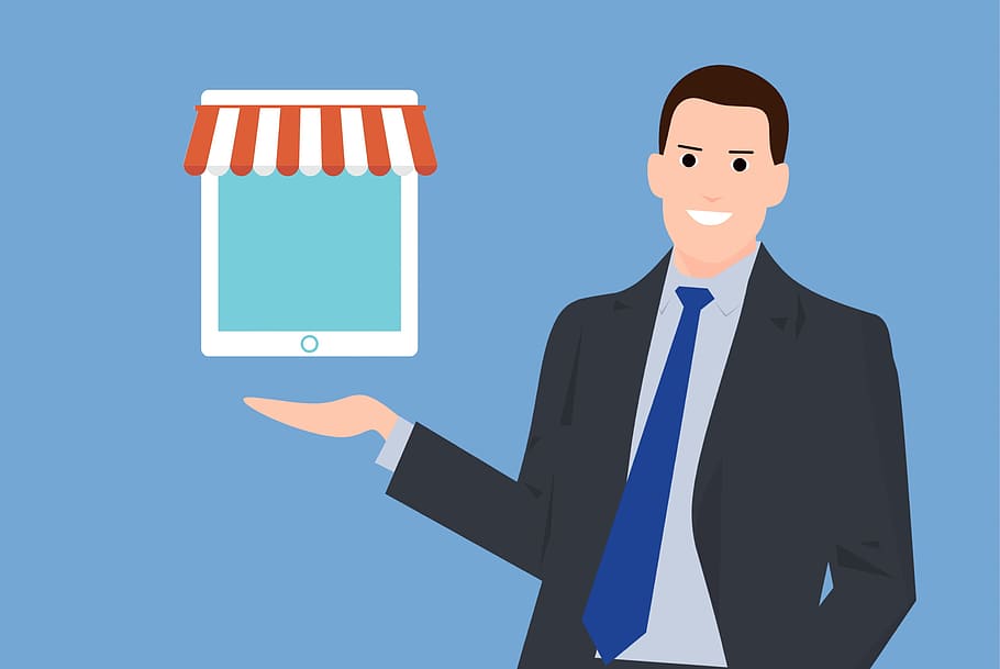 Illustration of man with online shopping concept, commerce, technology
