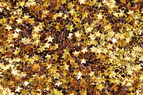 Gold-colored Star Confetti Lot, bright, close-up, colors, design HD wallpaper