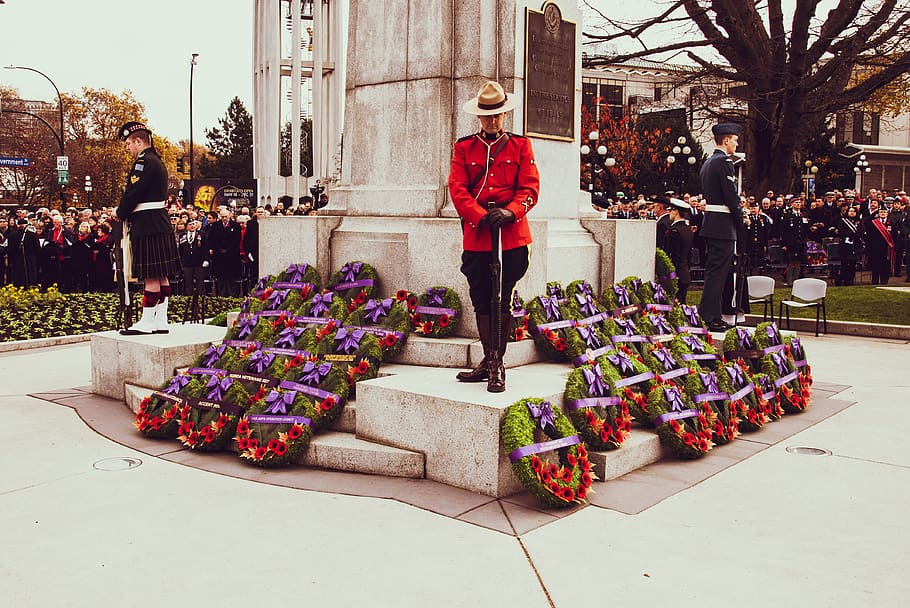 remembrance day, poppy, monument, wreath, red, bow, memory, HD wallpaper