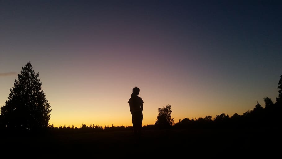girl, dark, tree, background, silhouette, sunset, sky, one person HD wallpaper