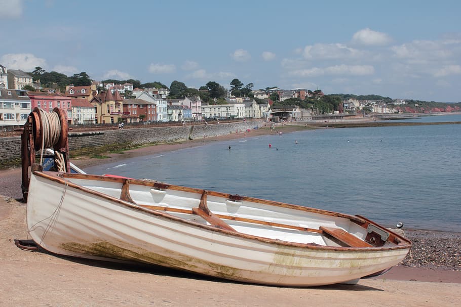 White Boat Near Body of Water, bay, beach, blue, clouds, coast HD wallpaper