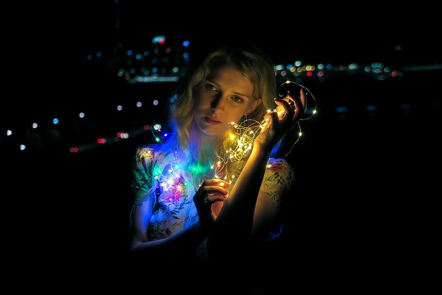 woman holding string light, one person, illuminated, night, portrait HD wallpaper