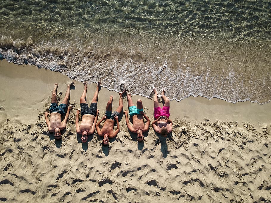 five men lying on beach, water, human, person, sports, people HD wallpaper