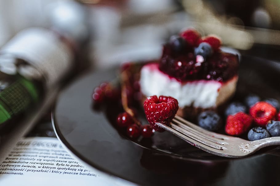 Cheesecake with blueberries and raspberries, fruits, homemade