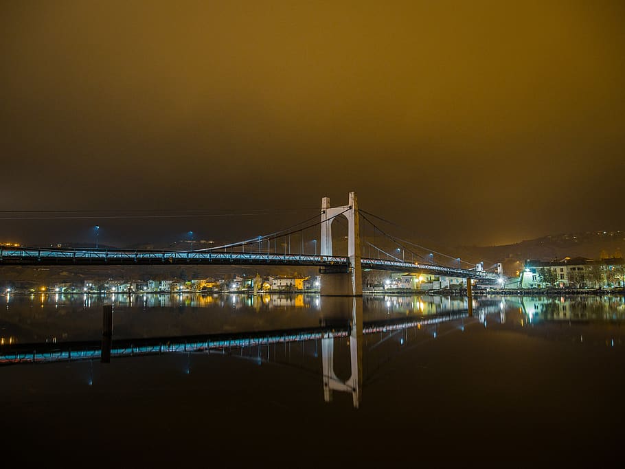 lighted cable-stayed bridge, building, condrieu, france, water HD wallpaper