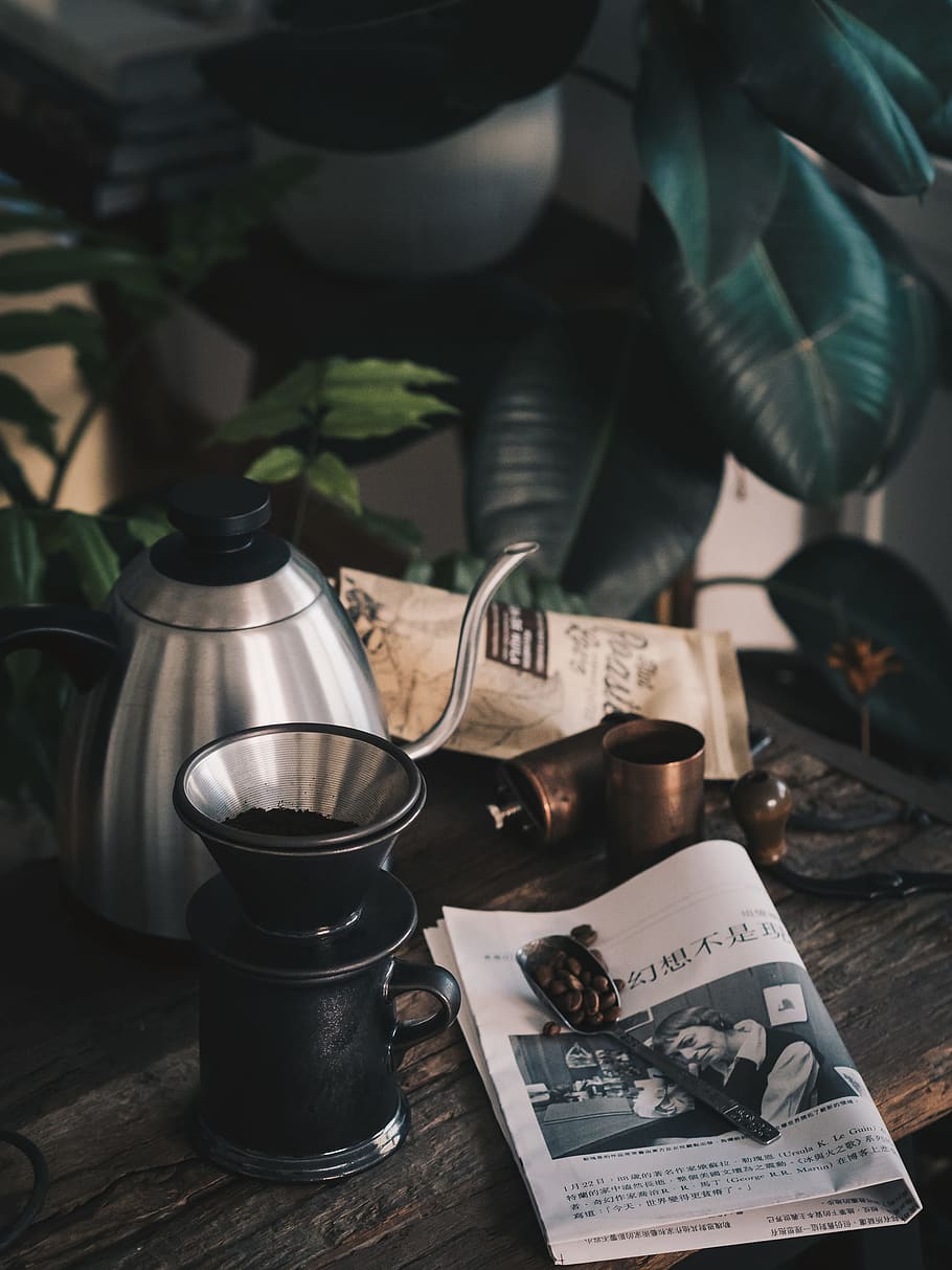 black coffee grinder beside gray stainless steel teapot near green rubber plant, HD wallpaper