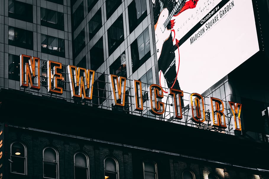 Low-angle Photography of New Victory Sign Below Madison Square Garden Billboard, HD wallpaper