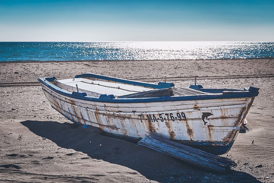 boat, old, sea, beach, water, abandoned, wooden, nautical vessel HD wallpaper